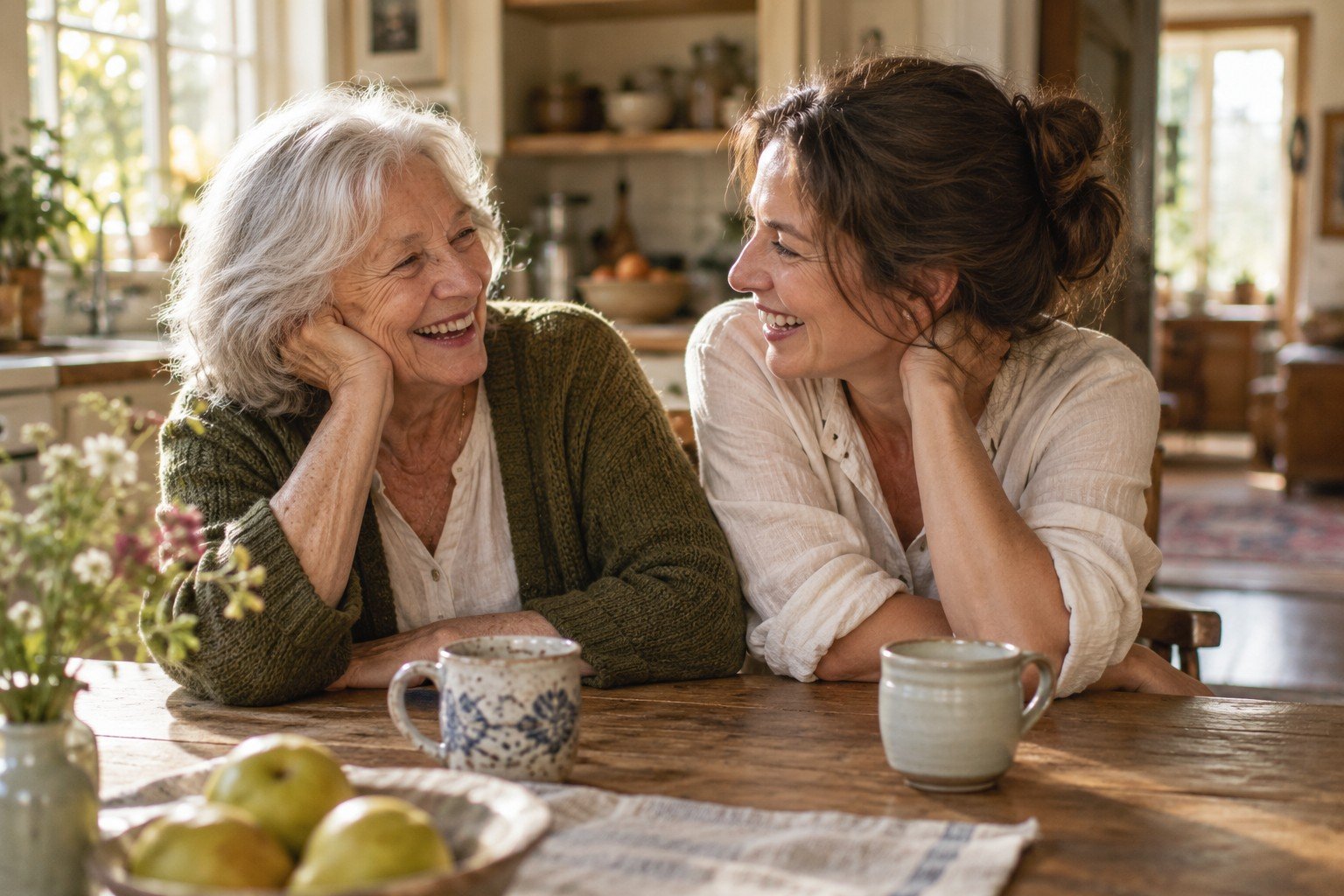 An older mother and her adult daughter sharing a laugh at the kitchen table